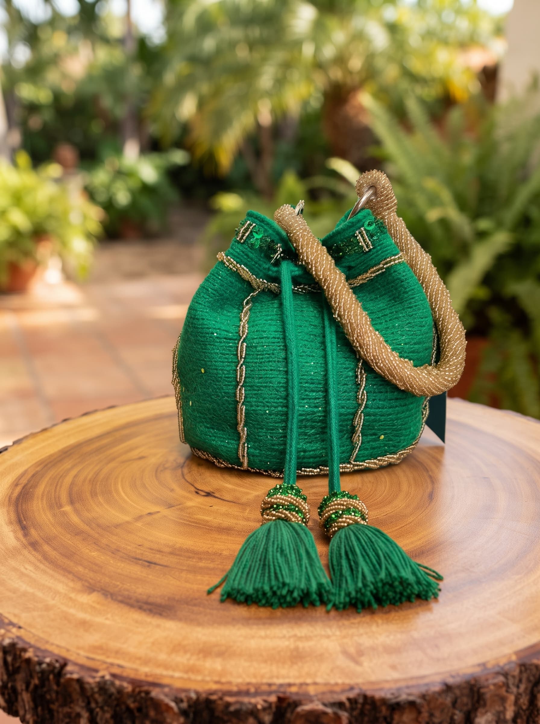 Mochila Wayuu Pequeña, Esmeralda Recamada en Mostacillas y Lentejuelas