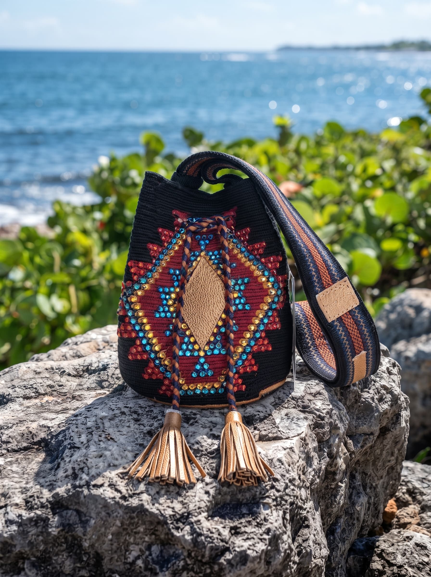 Mochila Wayuu Destello Recamada con Cristales y Piezas en Cuero